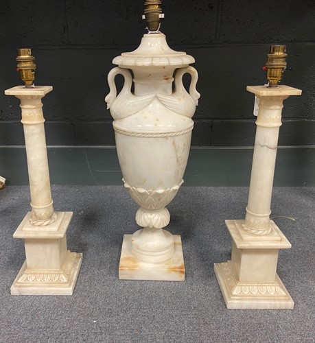 Lot 585 - A pair of white alabaster table lamps, mid 20th century
