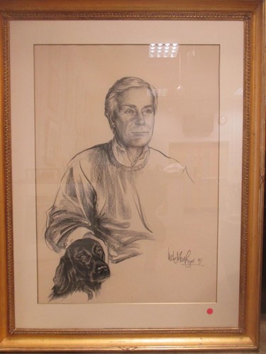 Lot 294 - A pen and ink portrait of a man in a gold...