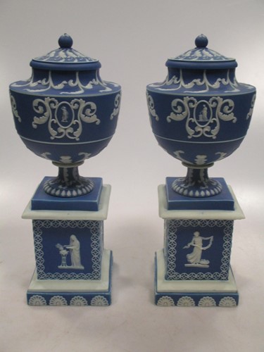 Lot 9 - A pair of Adams blue and white jasperware...