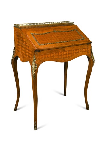 Lot 571 - A Louis XV style walnut parquetry and gilt metal mounted bureau de dame, late 19th century