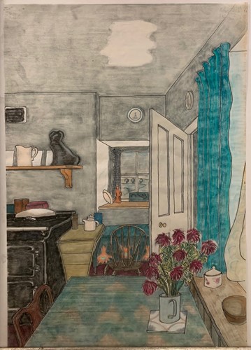 Lot 322 - 2 charcoal interior scenes