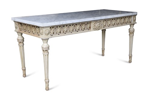 Lot 626 - A French style painted serving table with marble top, 20th century