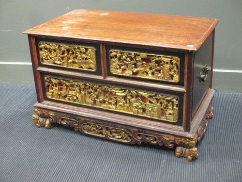 Lot 345 - A Chinese small carved chest of drawers 53 x...