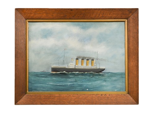 Lot 387 - D Philpott (British, early 20th Century), a rare half-block relief painting of RMS Olympic at sea