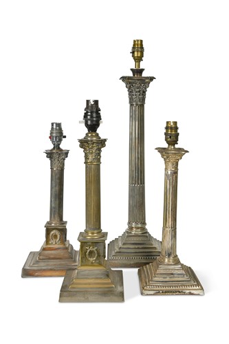 Lot 450 - Four assorted electroplate Corinthian column table lamps