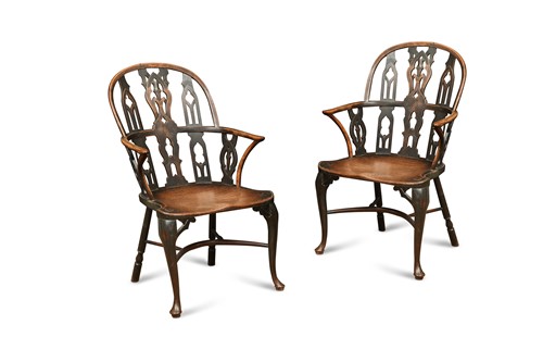 Lot 458 - A pair of yew and mahogany gothic Windsor armchairs, mid 18th century