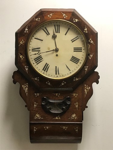 Lot 28 - A Victorian rosewood case mother-of-pearl inlaid drop dial wall timepiece