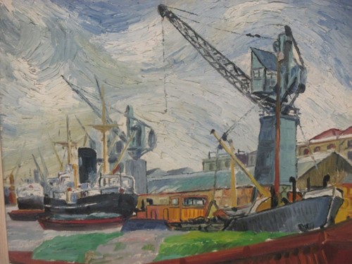 Lot 245 - 20th century British School, Dockyard, oil on...