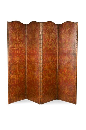 Lot 593 - A four panel painted leather modesty screen, 19th century