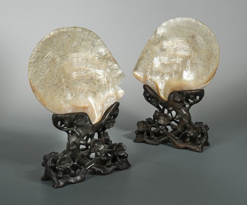 Lot 155 - A pair of Chinese carved abalone shells on stands, 19th century