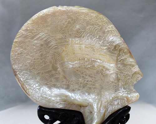 Lot 155 - A pair of Chinese carved abalone shells on stands, 19th century