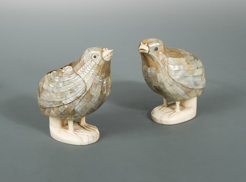 Lot 150 - A pair of Chinese mother -of- pearl mounted lacquer quails, late Qing Dynasty