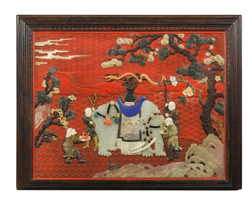 Lot 145 - A Chinese cinnabar lacquer table screen with hard stone inlay, possibly late Qing/Republic period
