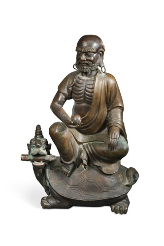 Lot 156 - A Chinese bronze and wire inlaid large figure of an Immortal, Qing Style, 20th century