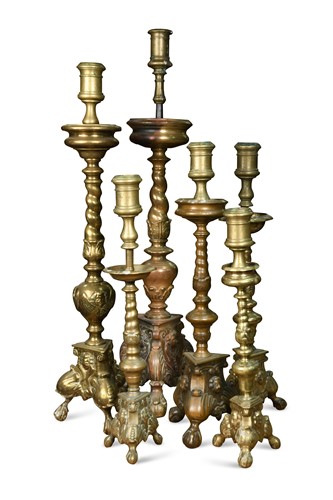 Lot 475 - Six various 18th and 19th century bronze candlesticks
