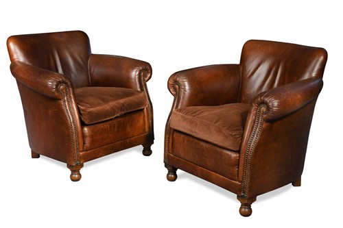 Lot 492 - A pair of leather club arm chairs, modern
