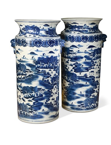 Lot 90 - A pair of Chinese blue and white two-handled vases, 20th century