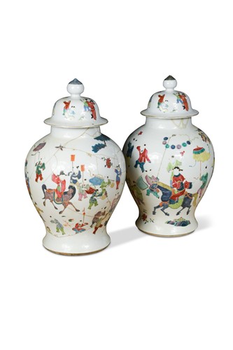 Lot 108 - A pair of Chinese famille rose porcelain vases and covers, Qing Dynasty, late 19th century