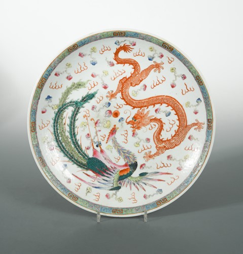 Lot 110a - Dragon and exotic bird dish; together with a...