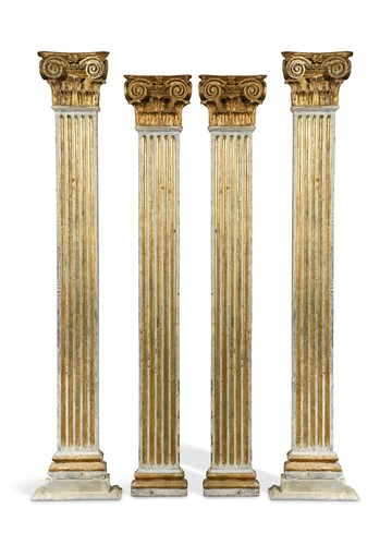 Lot 633 - Two pairs of painted and gilt wood pilasters with Corinthian capitals