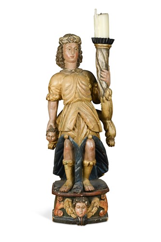 Lot 472 - A carved and polychrome decorated limewood figure of a torch bearer, 18th century