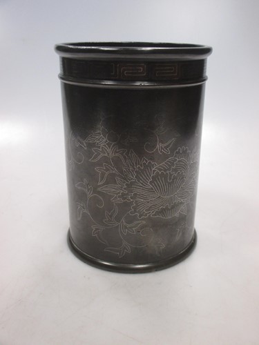 Lot 36 - A Japanese bronze brush pot with engraved...