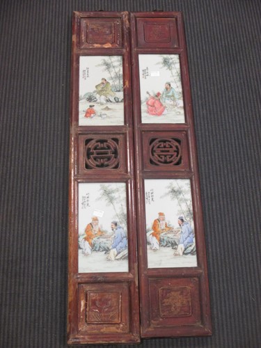 Lot 57 - A pair of Chinese panels with tiles, 92.5 x 16cm