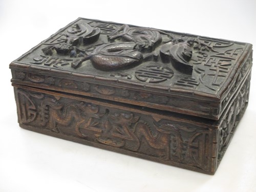 Lot 41 - A Chinese/Far Eastern relief carved hardwood box