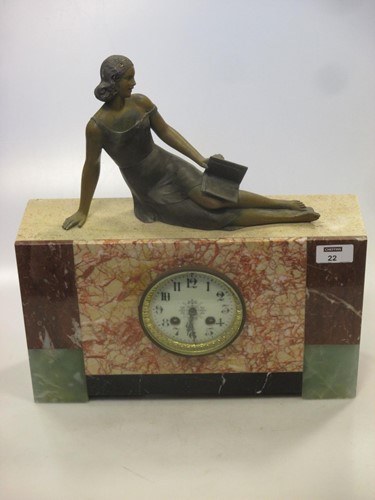 Lot 22 - An Art Deco marble mantle clock, surmounted...