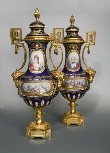 Lot 45 - An impressive pair of French porcelain, two-handled ormolu vases and covers, probably Sevres