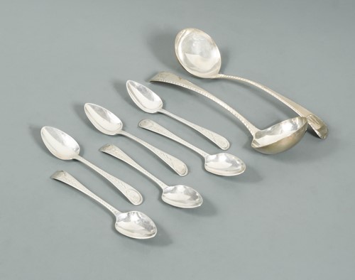 Lot 487 - A Pair of George III silver sauce ladles and six teaspoons by Peter, Ann & Wm Bateman