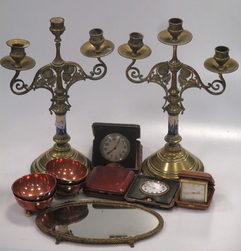 Lot 37 - A pair of brass and ceramic three light...