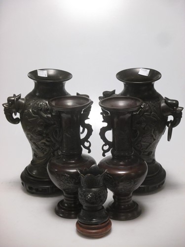 Lot 26 - Pair Bronze Vases, Japanese, c1900. Another...
