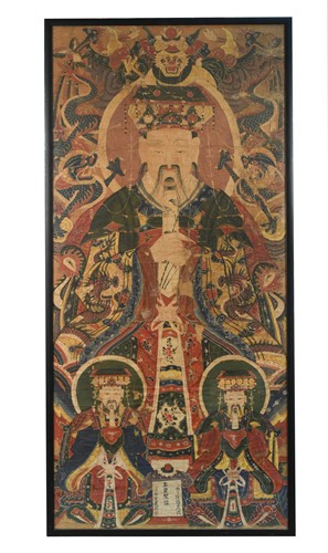 Lot 158 - A Daoist painting of 'The Three Pure Ones', late Qing Dynasty