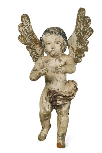 Lot 447 - A carved painted wood cherub, 19th century