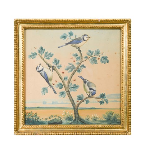 Lot 18 - P. Lorniche, 19th century, watercolour appliqué of three blue tits
