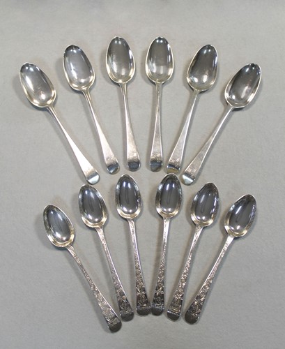 Lot 507 - A set of six George III silver tablespoons, together with a set of six dessert spoons