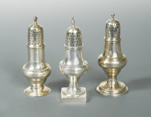 Lot 494 - A collection of three George III silver spice casters