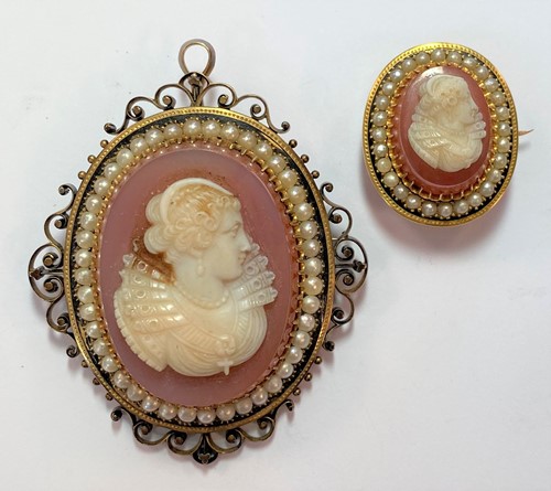 Lot 34 - Two hardstone cameo, pearl and enamel brooches