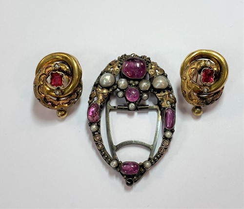 Lot 105 - A pair of 19th Century earstuds together with a ruby and pearl set clip brooch