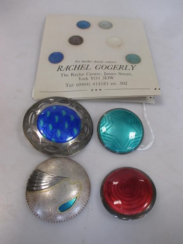 Lot 178 - Three silver and enamel brooches by Rachel...