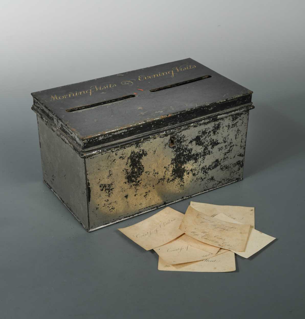 Lot 96 - A black painted tin calling card box, 19th