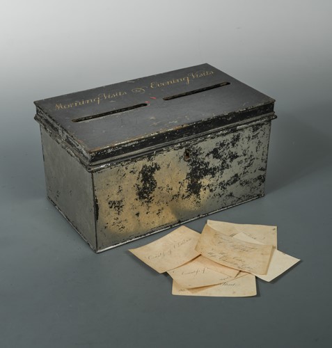 Lot 96 - A black painted tin calling card box, 19th century