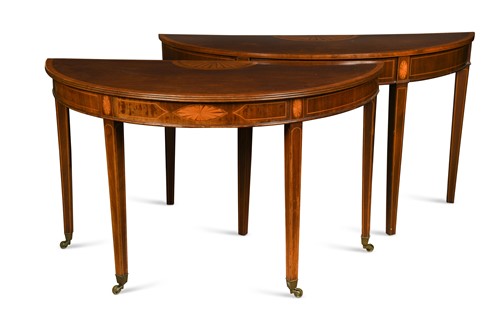Lot 82 - Two George III mahogany and satinwood demi-lune side tables