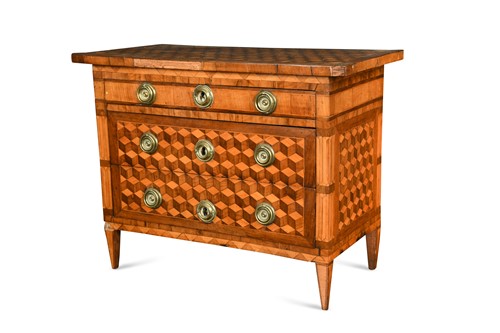 Lot 22 - A small scale continental parquetry and marquetry commode, late 18th century