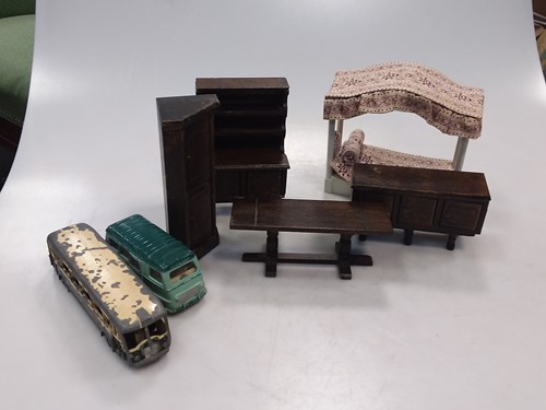 Lot 77 - A box of old toys and dolls house furniture, a...