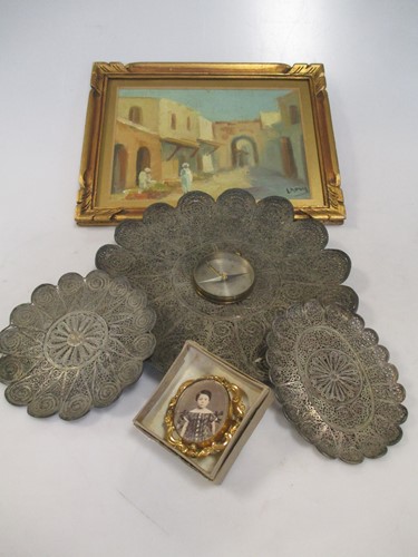 Lot 126 - Three filigree wire dishes, a brass compass,...