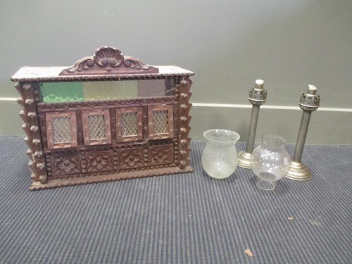 Lot 522 - A carved wood and coloured glass box light...