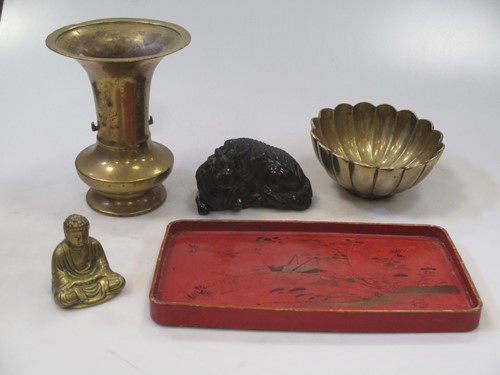 Lot 5 - A Chinese red lacquered tray; a model Buddha;...