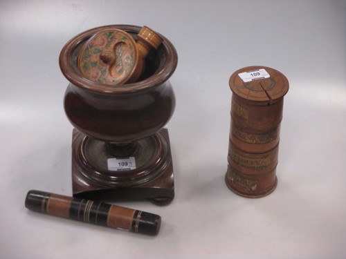 Lot 109 - A mauchline ware spice tower, a tartan ware...